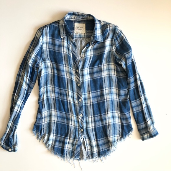 Thread & Supply Blue Plaid Button Shirt XS - Picture 2 of 5